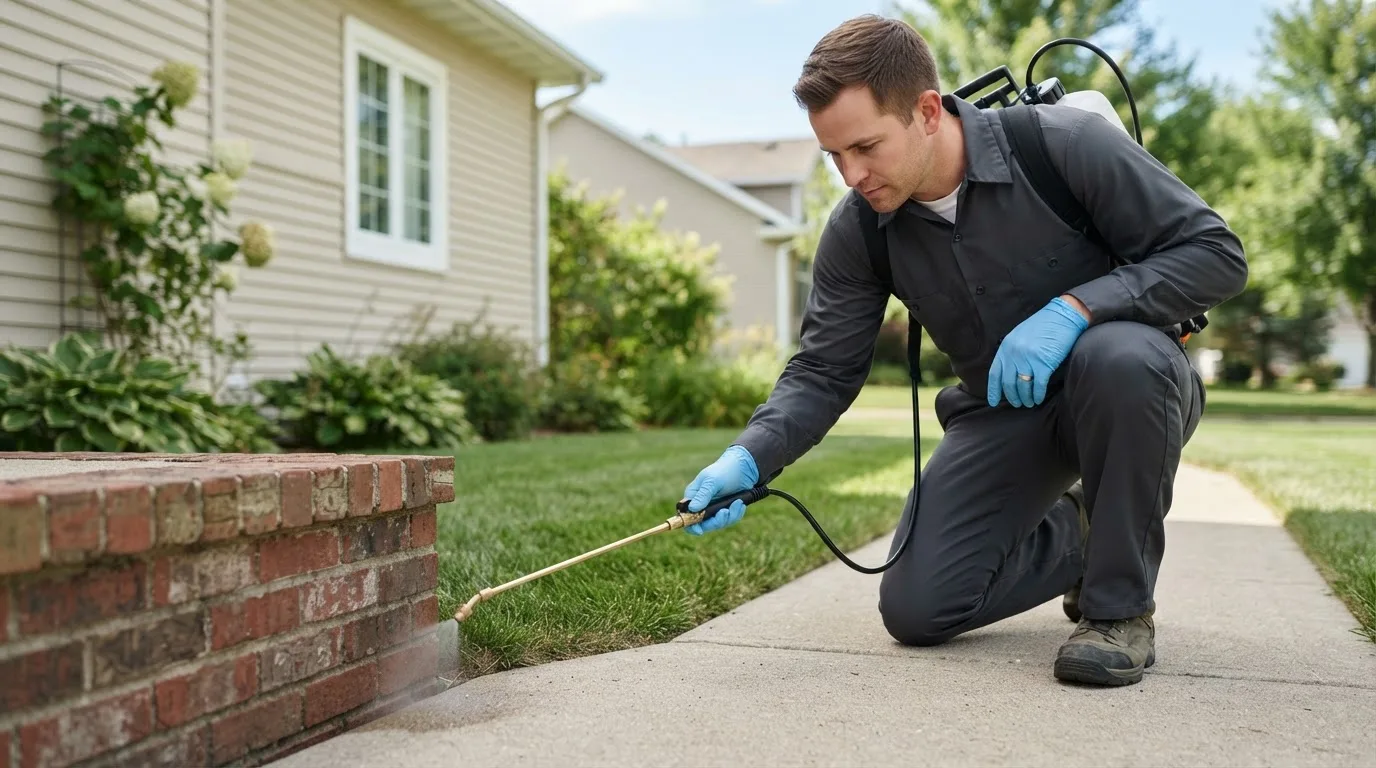 Pest control technician treating a home near Crozet, VA